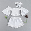 A stylish two-piece summer outfit for kids, featuring a short off-shoulder T-shirt with short sleeves and comfortable pants, perfect for a fresh and trendy look