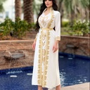 Elegant and Luxurious Kaftan Dress Adorned with Gold Lace and Pearl Embroidery, Featuring an Eastern Islamic Touch 