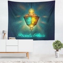 A colorful lantern in a modern style with a wall tapestry that reads "Eid Mubarak."