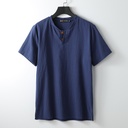 en’s loose-fit top with half sleeves, made from a sub-cotton and linen blend. Features a side slit design and is ideal for plus-size comfort