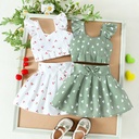Girls' Two-Piece Set – Ruffled Sleeve Top with Bow-Strap and Elegantly Printed Pleated Skirt