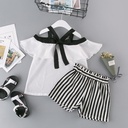 Korean-style children's outfit – off-shoulder short-sleeved top with elegant stripes