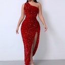 Elegant One-Shoulder Sequin Dress for Women – Sleeveless Design with Slash Neckline and Side Slit