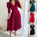 Women's Elegant Solid Color Swing Dress with Pleated Waist and 3/4 Sleeves – Slim Fit Design