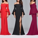 Elegant Off-Shoulder Maxi Evening Dress with Side Slit – Solid Color Design