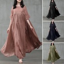 A solid-color wide swing dress made from a cotton and linen blend, featuring a round neckline and a pullover design for a comfortable and elegant look