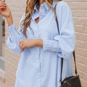 Loose-fitting women's shirt with a striped design, featuring a stand collar, smocked details, and long bubble sleeves for a stylish and comfortable look
