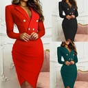 Elegant women's solid-color dress featuring a slim fit, V-neckline, and pleats for a refined, formal touch