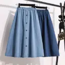 Blue denim skirt featuring a front button design and an elastic waistband for everyday comfort and style