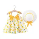 Girls’ dress and hat set, decorated with large strawberry and floral prints