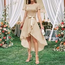 Lace and chiffon evening dress with a round neckline and a high-slit ruffled skirt