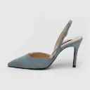 European-style suede stiletto sandal with a pointed toe and ankle strap.