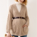 Knitted Mid-Length Jacket with Loose Fit and Elegant V-Neck Twist Detail