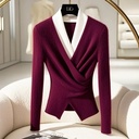 Elegant Long-Sleeve V-Neck Blouse with Layered Design and Coordinated Colors