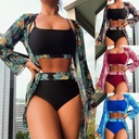 Three-piece swimsuit set with long sleeves.