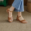 Soft Leather Retro Roman Flat Open Toe Low Heel Woven Buckle Beach Sandals