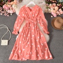 Tie Belt Love Pleated Long Dress