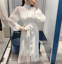 Long slim dress with pleated polka dot embroidery