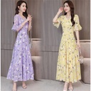 new large size short-sleeved holiday dress female summer loose slim green flower fashion temperament long skirt