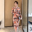 New French Vintage Print Slim Fit Lace Up Dress